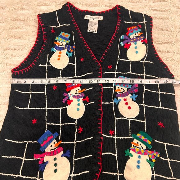 Christmas Knit Sweater Vest Embroidered Snowmen Victoria Jones Size L Vintage - Picture 6 of 7